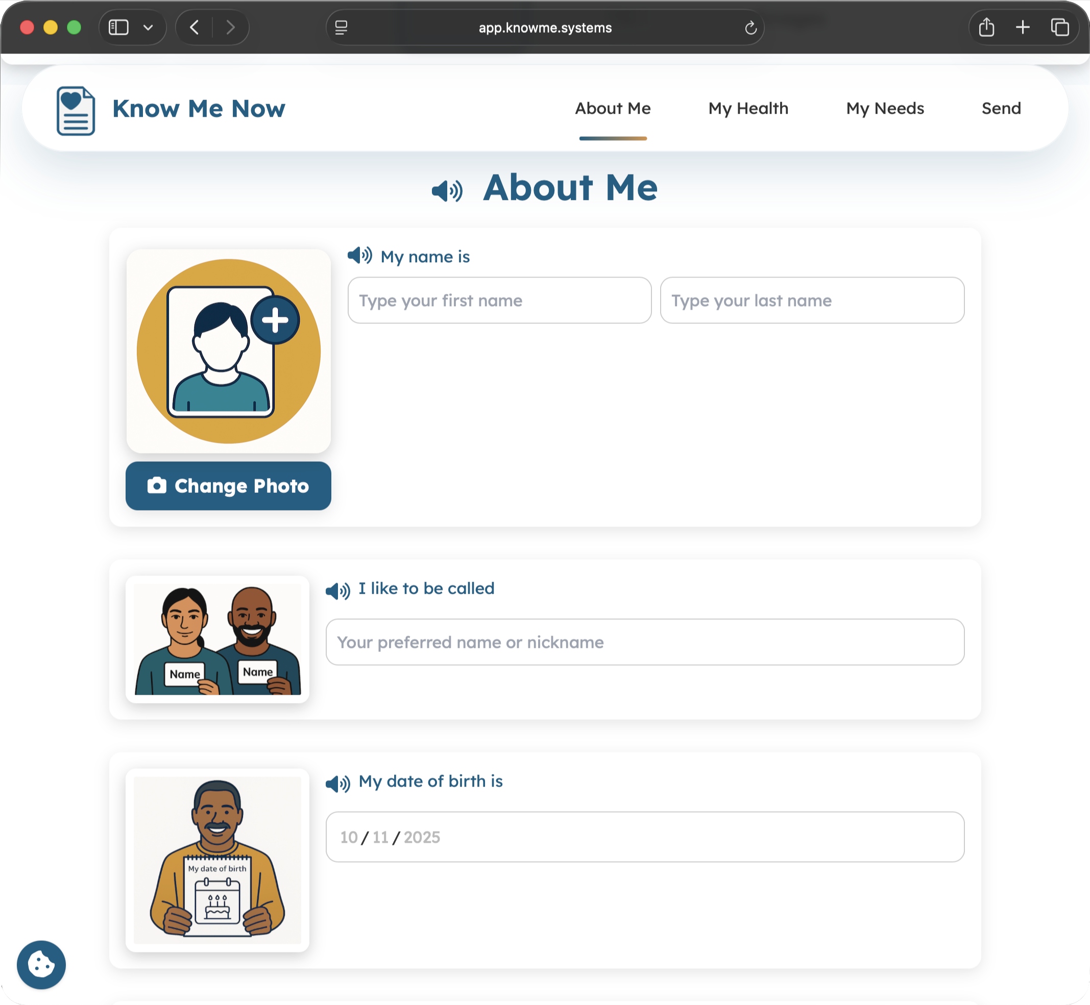 Know Me Now passport screen showing care adjustments.